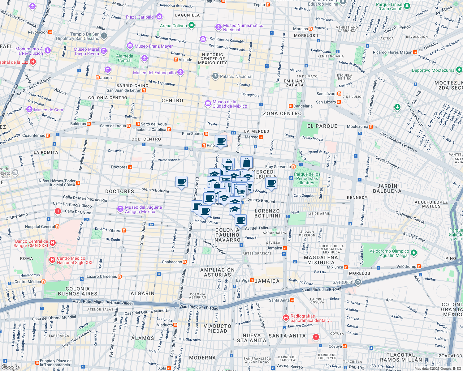 map of restaurants, bars, coffee shops, grocery stores, and more near 111 Calle Topacio in Ciudad de México