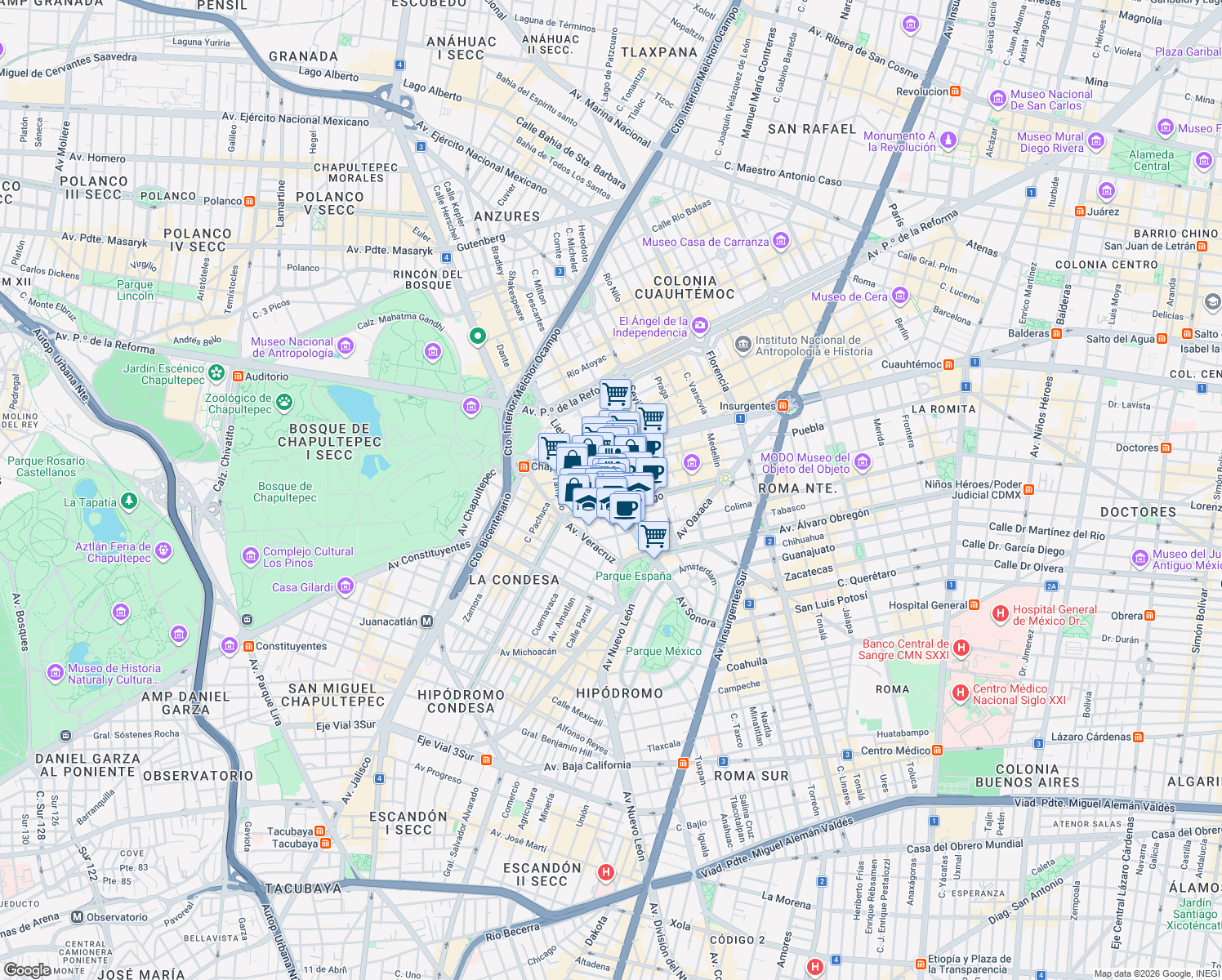 map of restaurants, bars, coffee shops, grocery stores, and more near 46 Avenida Sonora in Ciudad de México