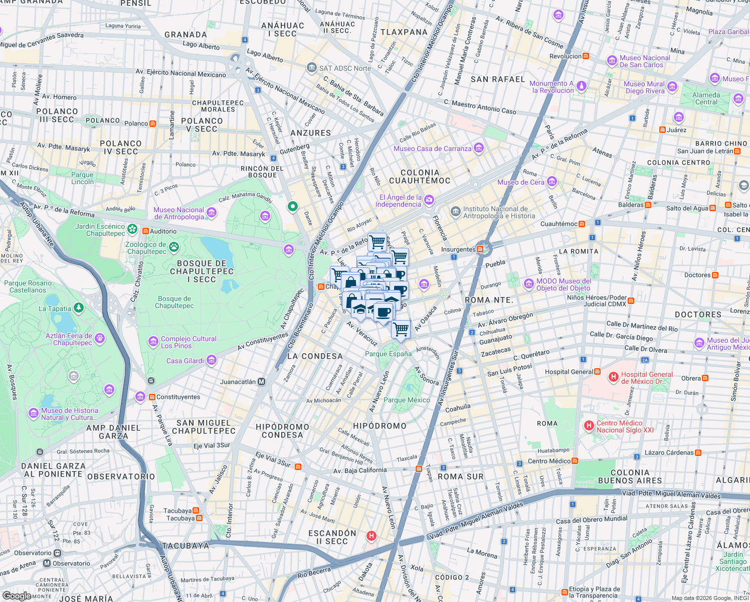map of restaurants, bars, coffee shops, grocery stores, and more near 46 Avenida Sonora in Ciudad de México