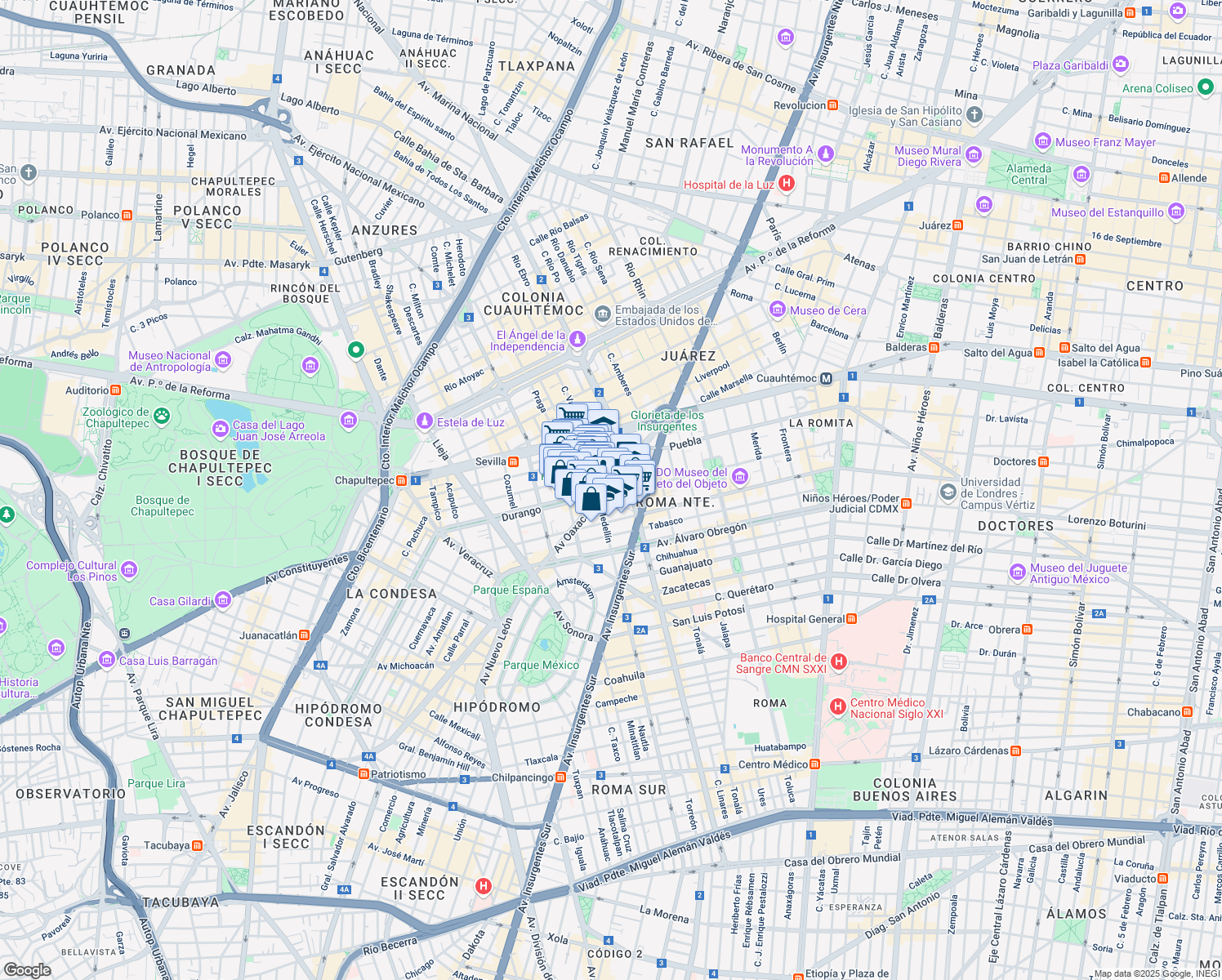 map of restaurants, bars, coffee shops, grocery stores, and more near 1 Plaza Villa de Madrid in Ciudad de México