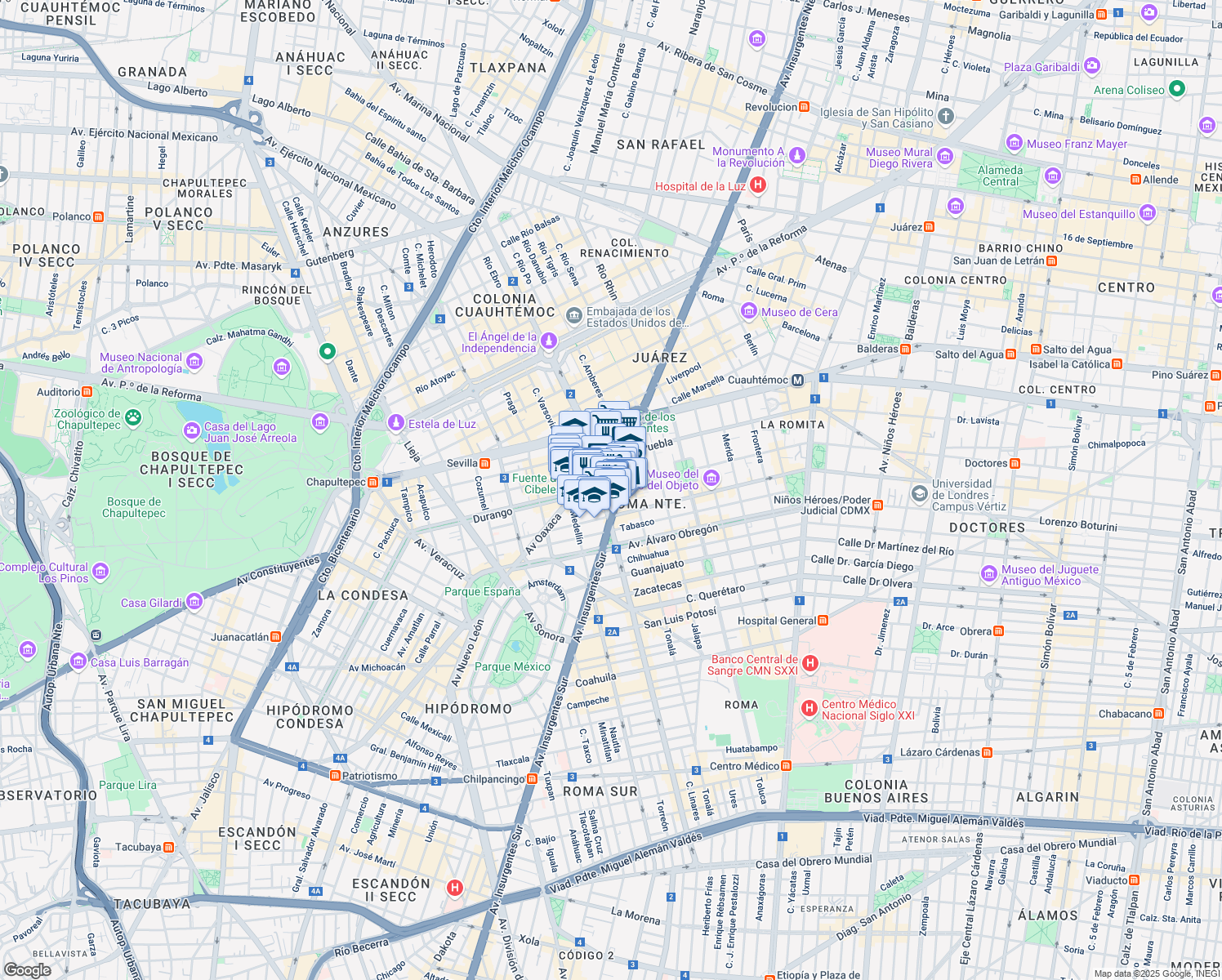 map of restaurants, bars, coffee shops, grocery stores, and more near Calle Durango in Mexico City