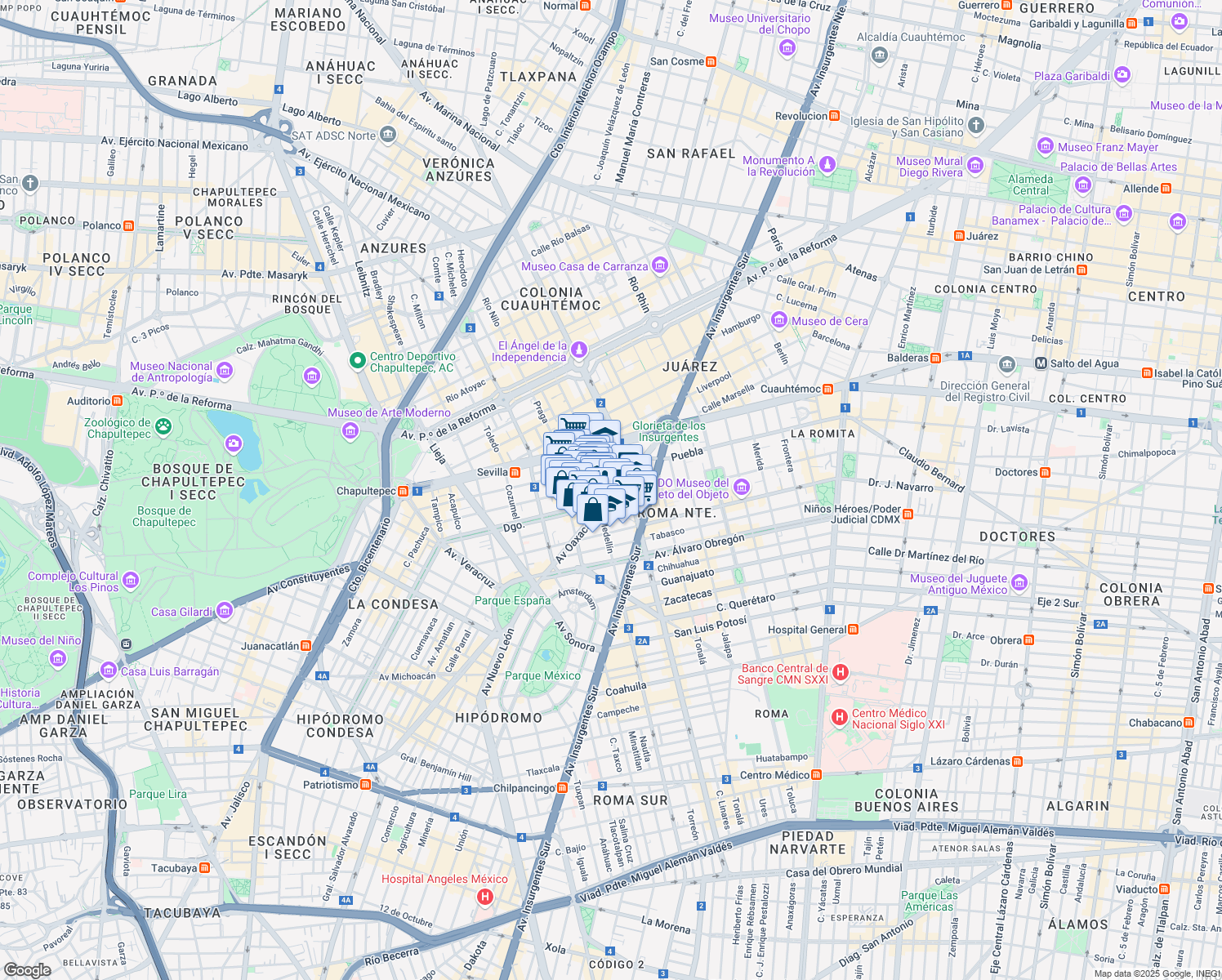 map of restaurants, bars, coffee shops, grocery stores, and more near 1 Plaza Villa de Madrid in Ciudad de México