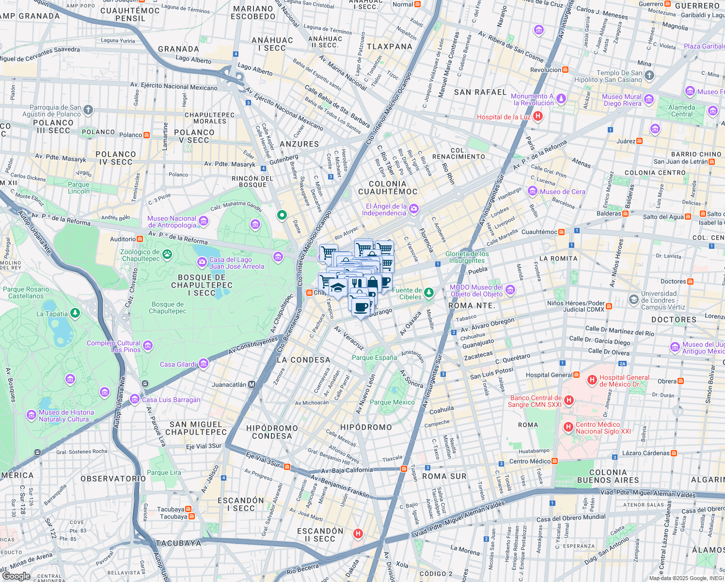 map of restaurants, bars, coffee shops, grocery stores, and more near 351 Puebla in Ciudad de México