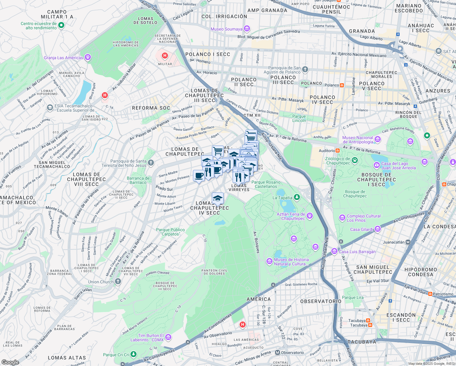map of restaurants, bars, coffee shops, grocery stores, and more near 160 Aguiar y Seijas in Ciudad de México