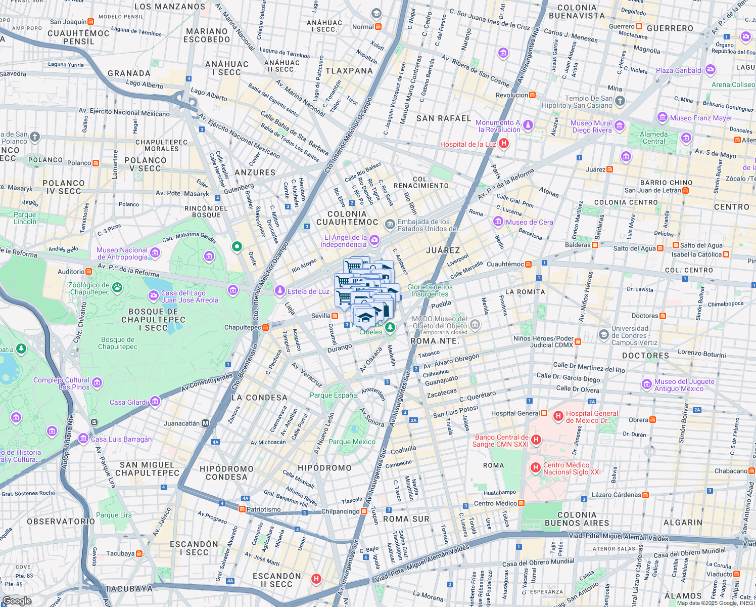 map of restaurants, bars, coffee shops, grocery stores, and more near 360 Avenida Chapultepec in Ciudad de México