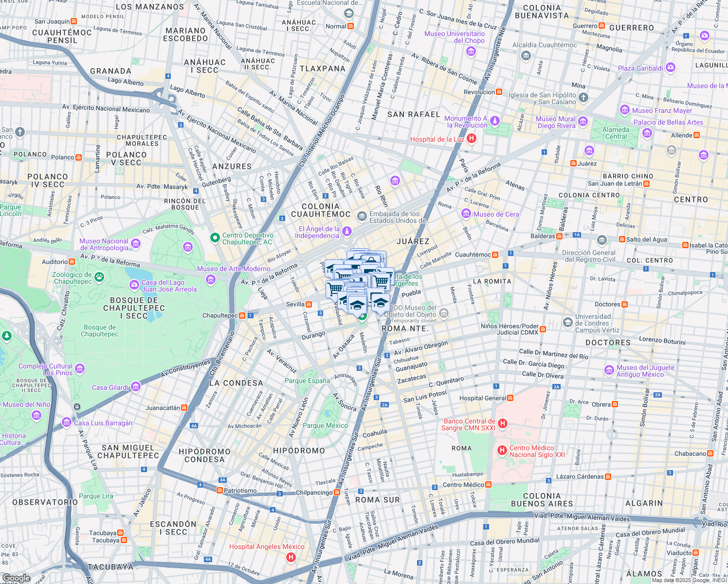 map of restaurants, bars, coffee shops, grocery stores, and more near 360 Avenida Chapultepec in Ciudad de México