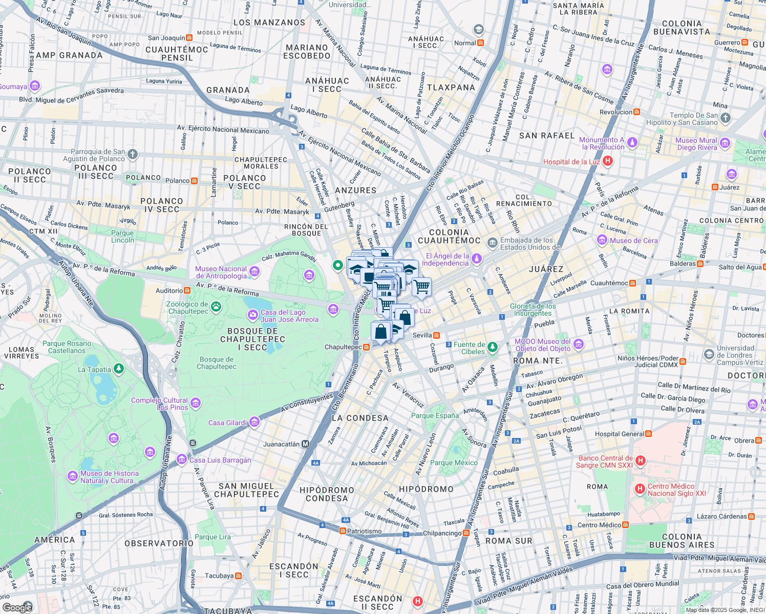 map of restaurants, bars, coffee shops, grocery stores, and more near 509 Avenida Paseo de la Reforma in Ciudad de México