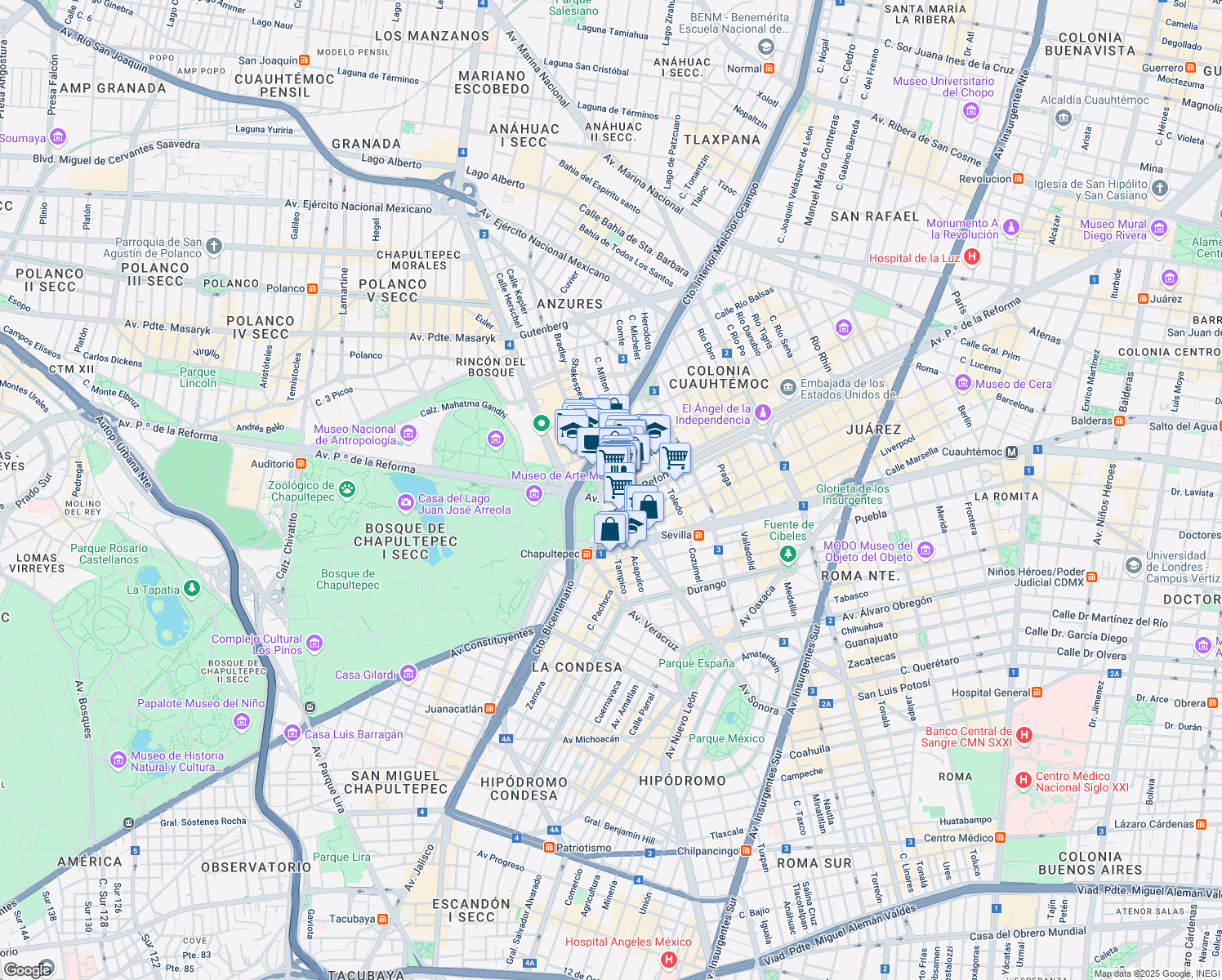 map of restaurants, bars, coffee shops, grocery stores, and more near 509 Avenida Paseo de la Reforma in Ciudad de México