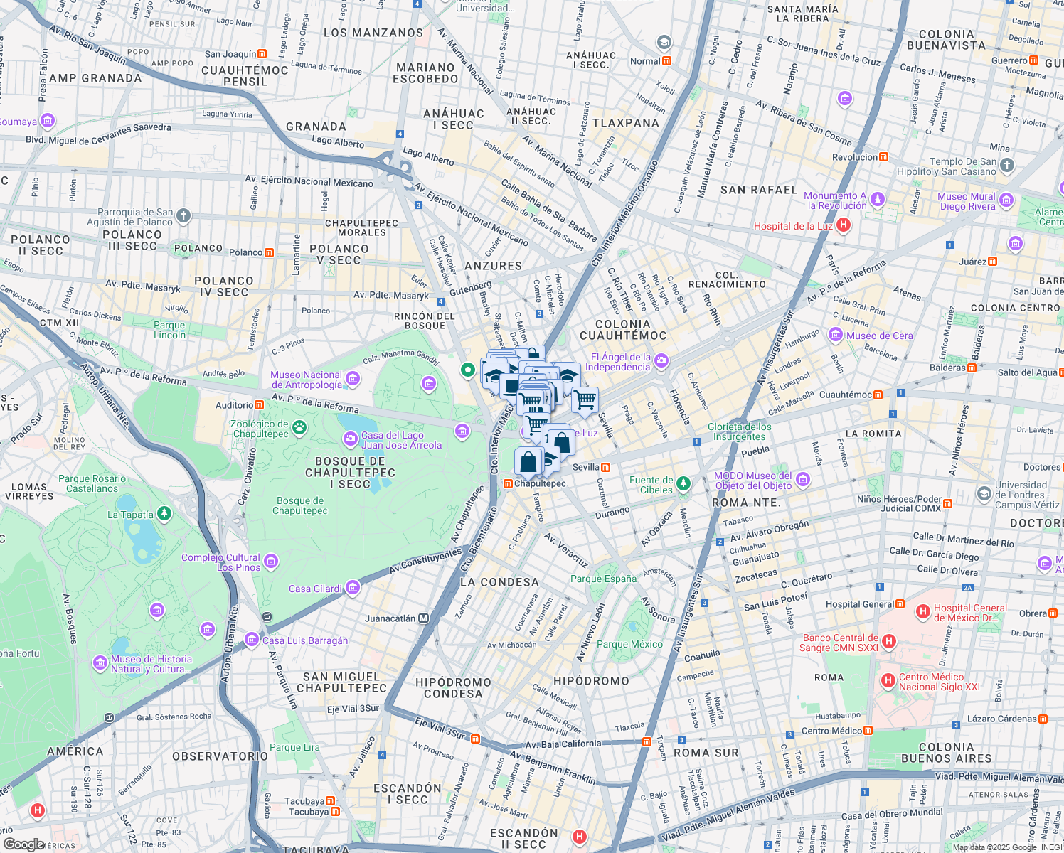 map of restaurants, bars, coffee shops, grocery stores, and more near 509 Avenida Paseo de la Reforma in Ciudad de México