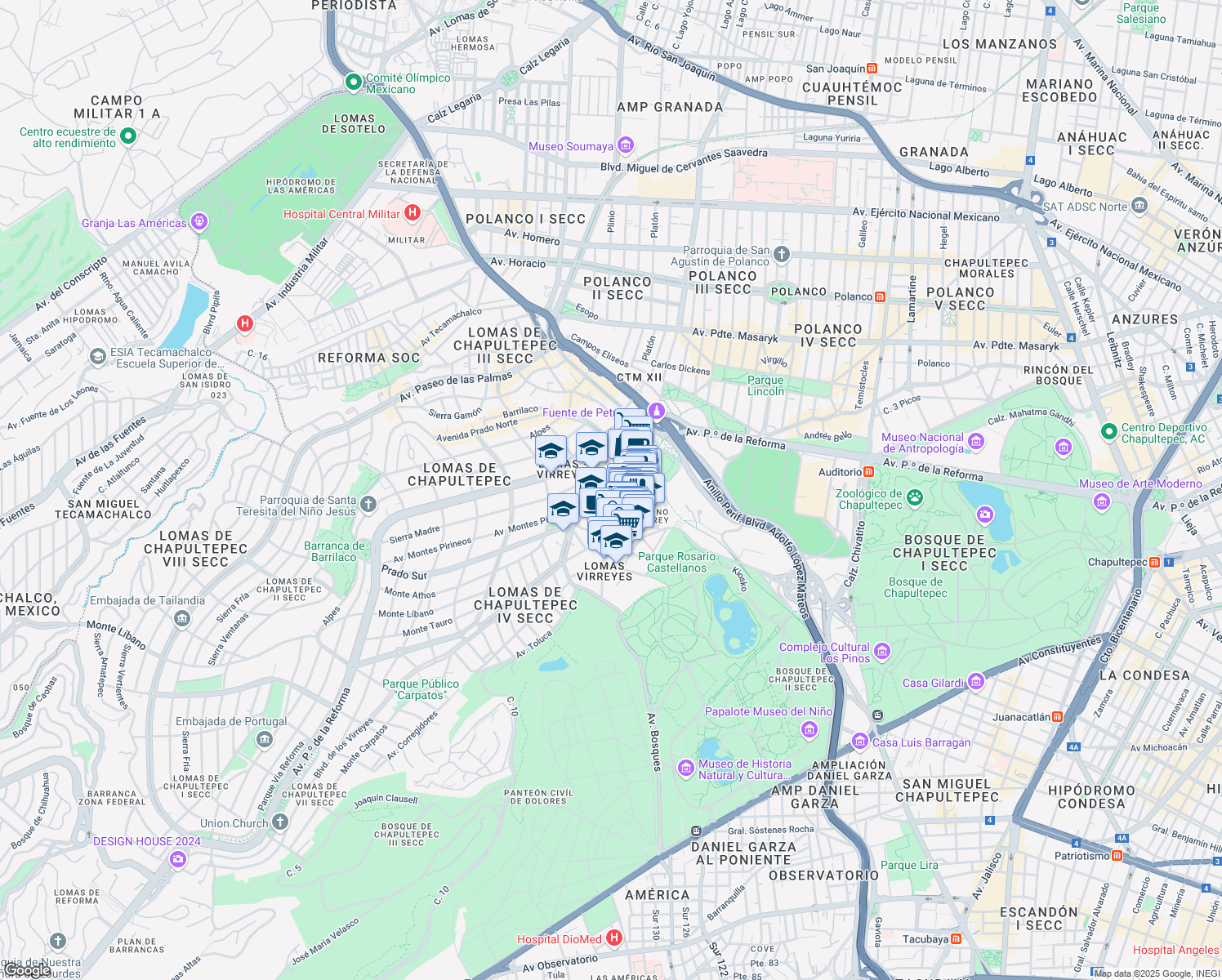 map of restaurants, bars, coffee shops, grocery stores, and more near 250 Prado Sur in Mexico City