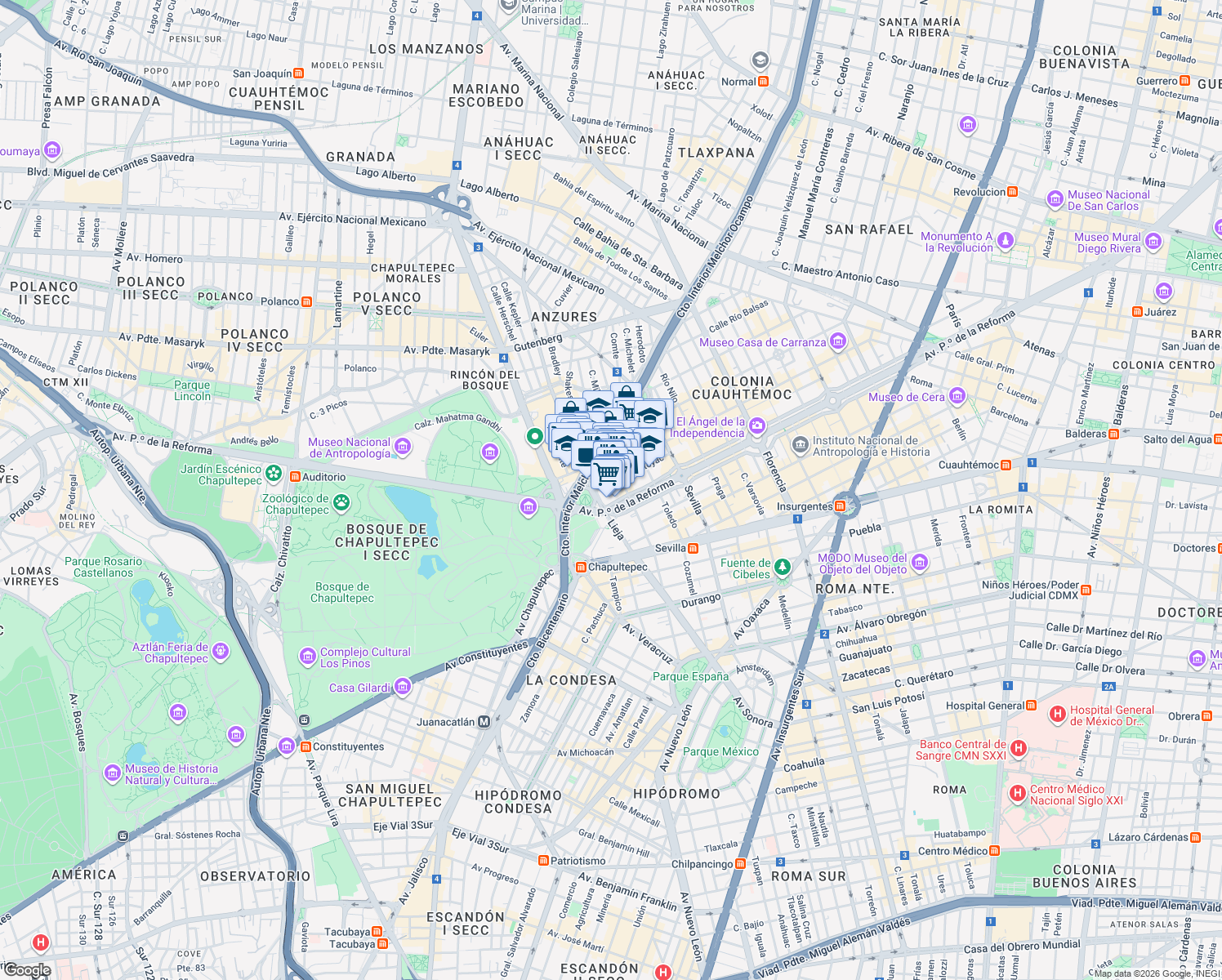map of restaurants, bars, coffee shops, grocery stores, and more near 505 Avenida Paseo de la Reforma in Ciudad de México