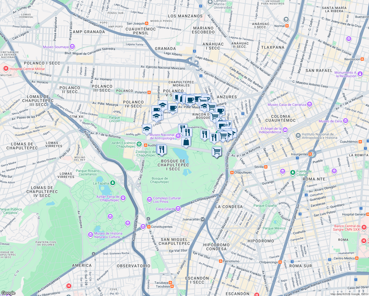 map of restaurants, bars, coffee shops, grocery stores, and more near 101 Avenida Paseo de la Reforma in Ciudad de México
