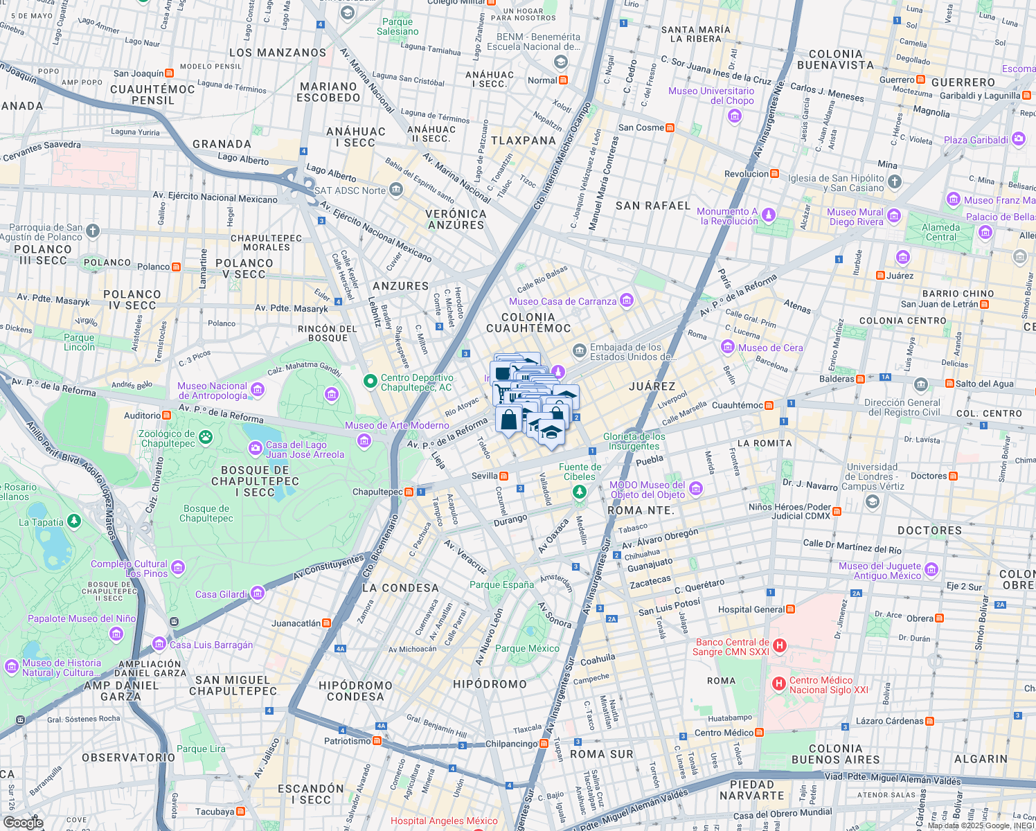 map of restaurants, bars, coffee shops, grocery stores, and more near 265 Paseo de la Reforma in Ciudad de México