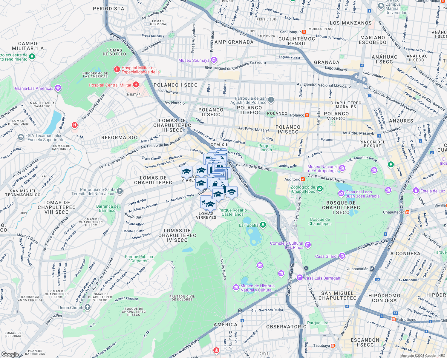 map of restaurants, bars, coffee shops, grocery stores, and more near 24 Pedregal in Ciudad de México
