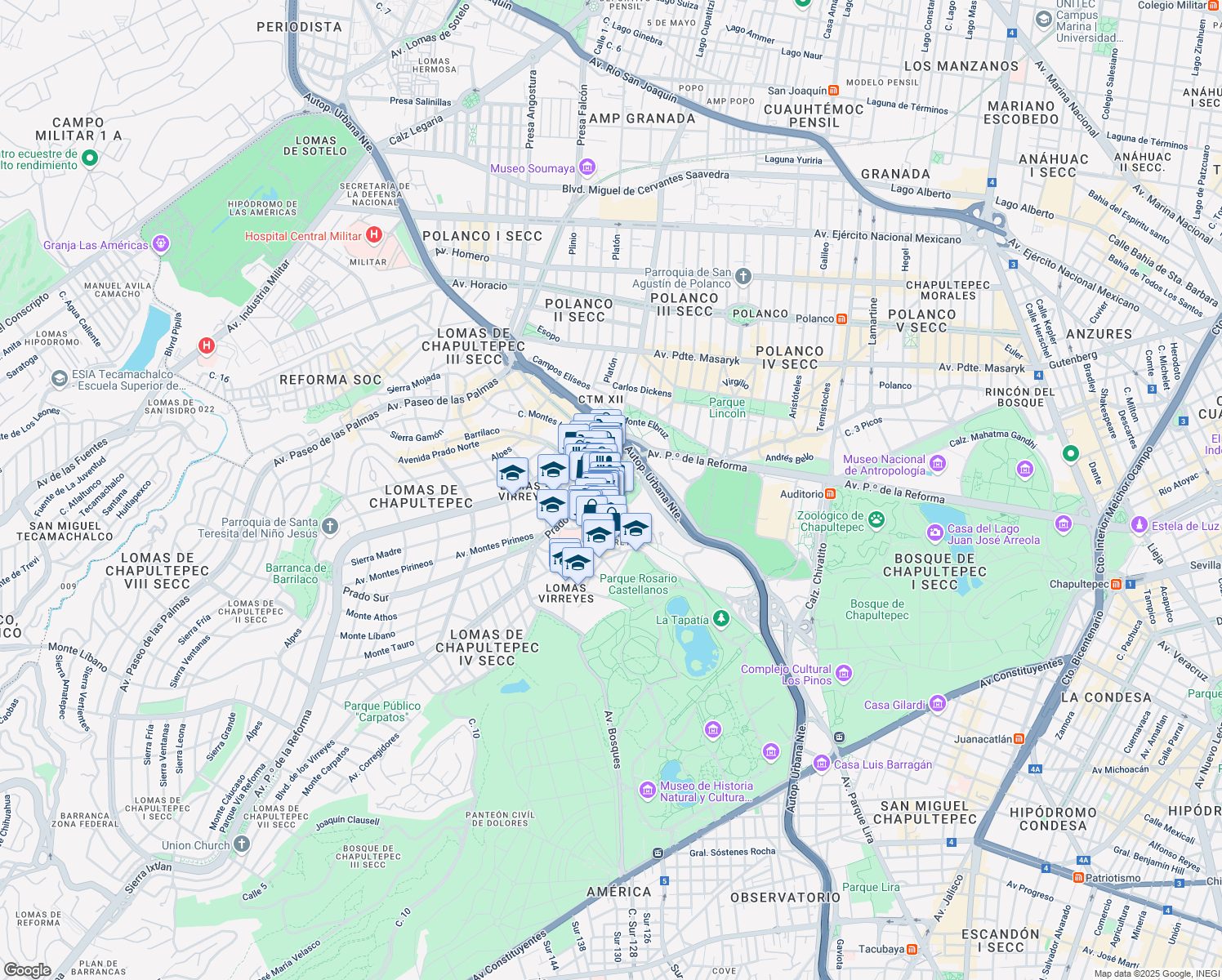 map of restaurants, bars, coffee shops, grocery stores, and more near 24 Pedregal in Ciudad de México