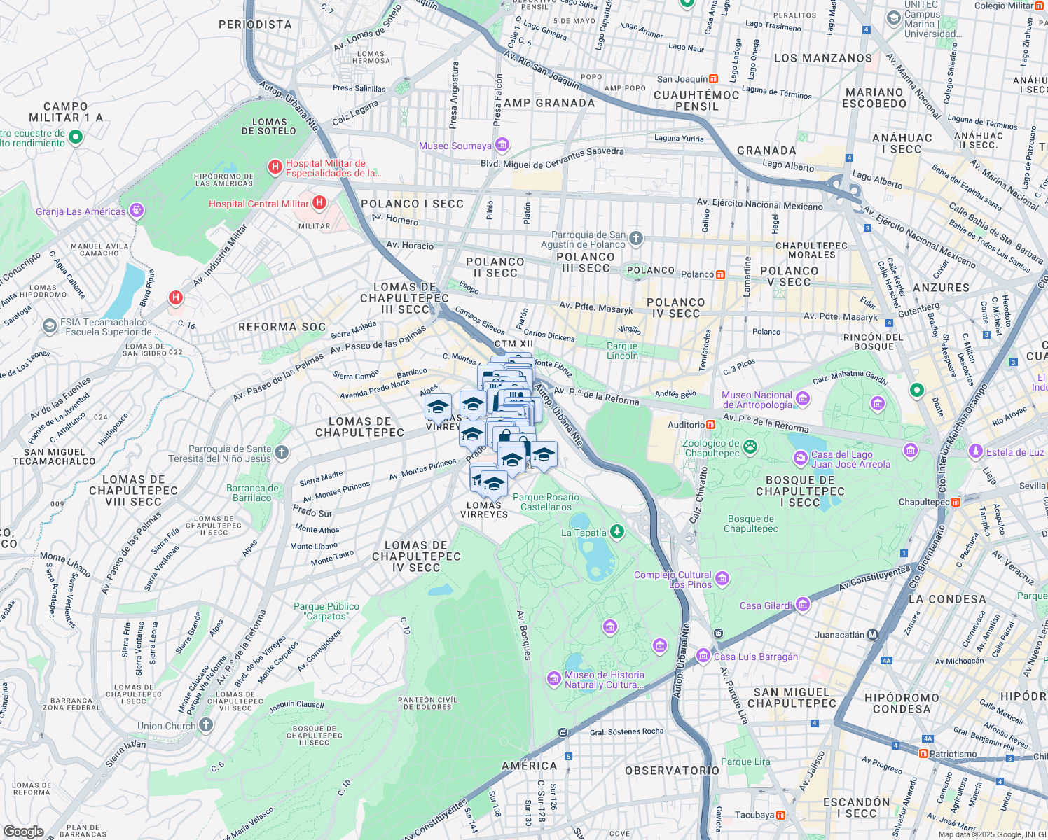 map of restaurants, bars, coffee shops, grocery stores, and more near 24 Pedregal in Ciudad de México