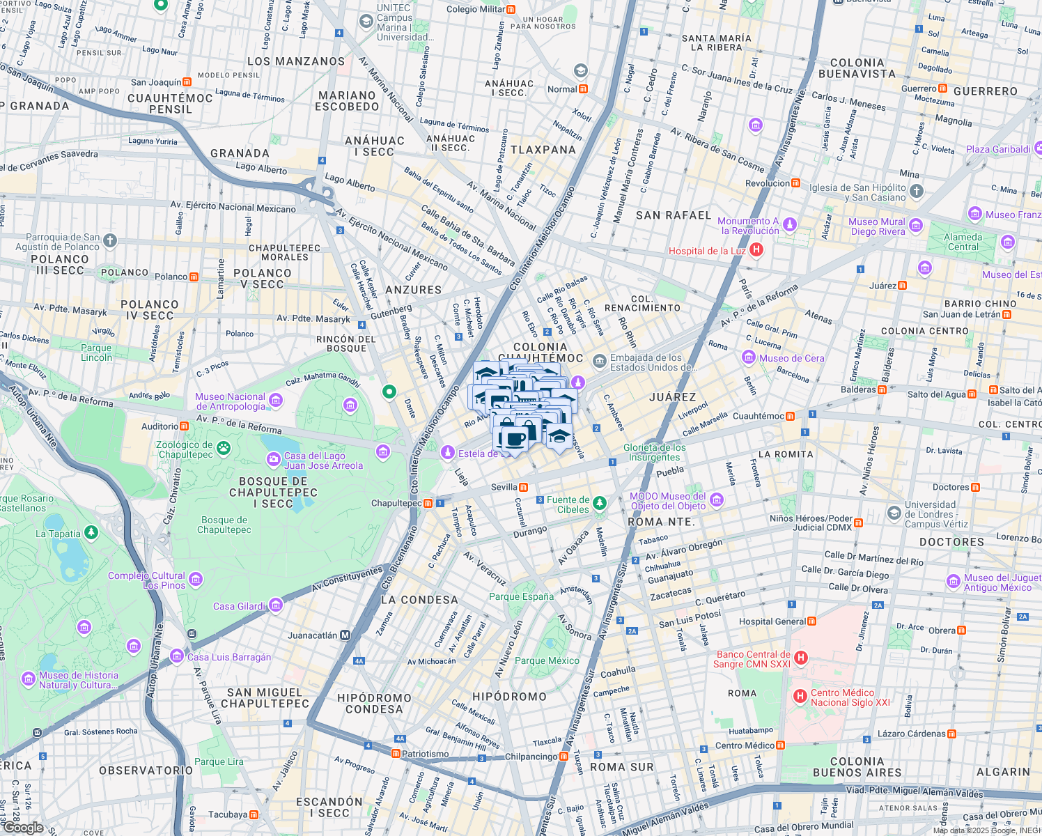map of restaurants, bars, coffee shops, grocery stores, and more near 222 Avenida Paseo de la Reforma in Ciudad de México