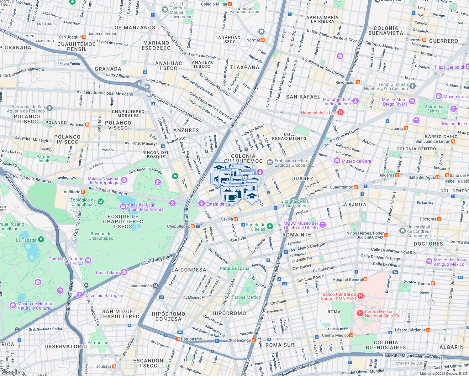 map of restaurants, bars, coffee shops, grocery stores, and more near 222 Avenida Paseo de la Reforma in Ciudad de México