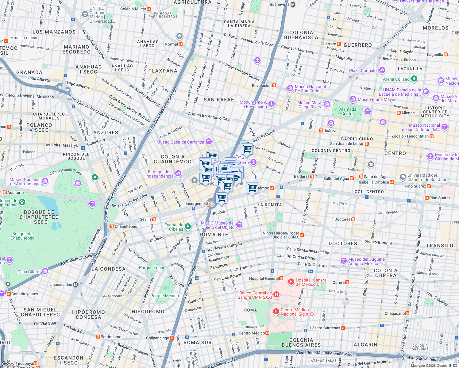 map of restaurants, bars, coffee shops, grocery stores, and more near 77 Liverpool in Ciudad de México