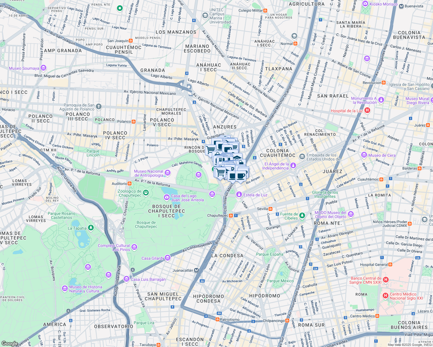 map of restaurants, bars, coffee shops, grocery stores, and more near 526 General Mariano Escobedo in Ciudad de México