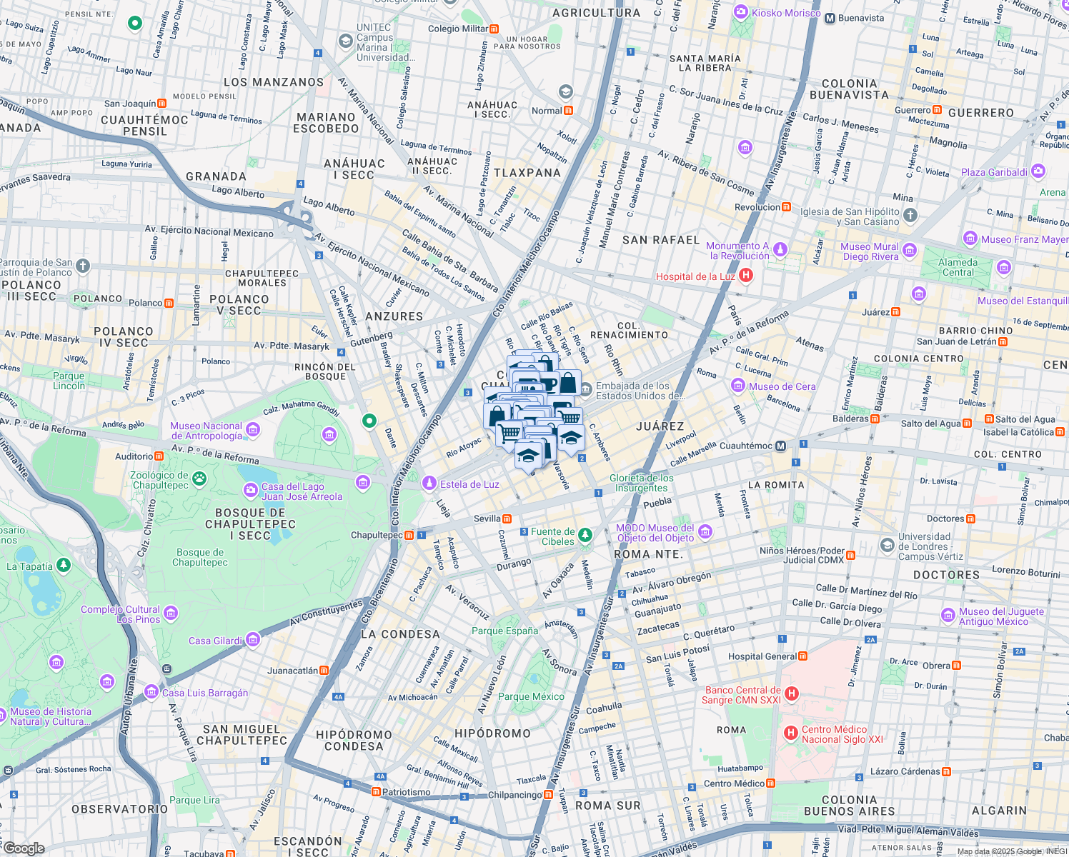 map of restaurants, bars, coffee shops, grocery stores, and more near 265 Paseo de la Reforma in Ciudad de México