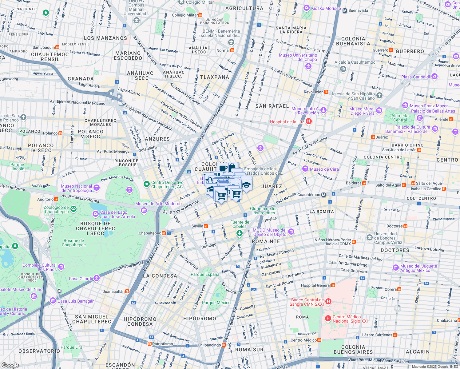 map of restaurants, bars, coffee shops, grocery stores, and more near Avenida Paseo de la Reforma in Ciudad de México