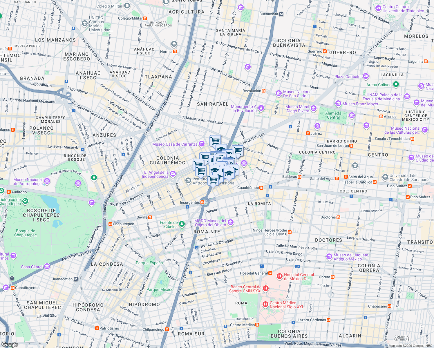 map of restaurants, bars, coffee shops, grocery stores, and more near 64 Insurgentes Norte in Ciudad de México