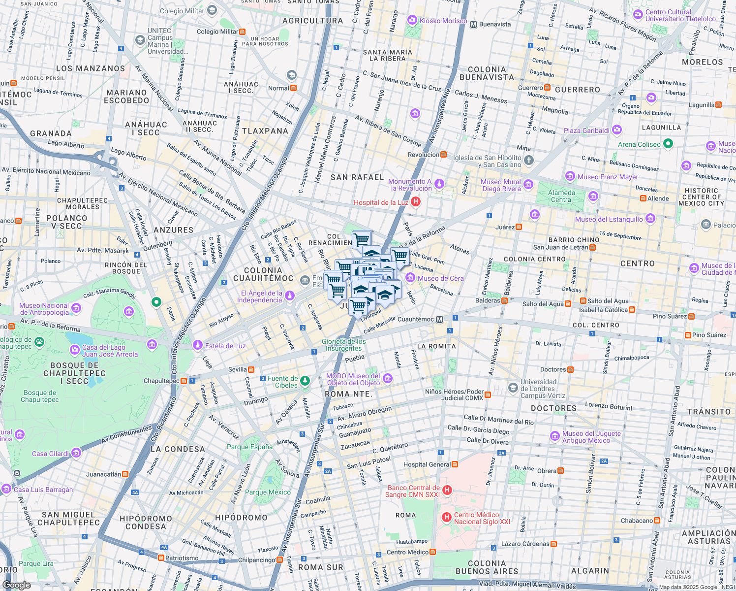 map of restaurants, bars, coffee shops, grocery stores, and more near in Mexico City