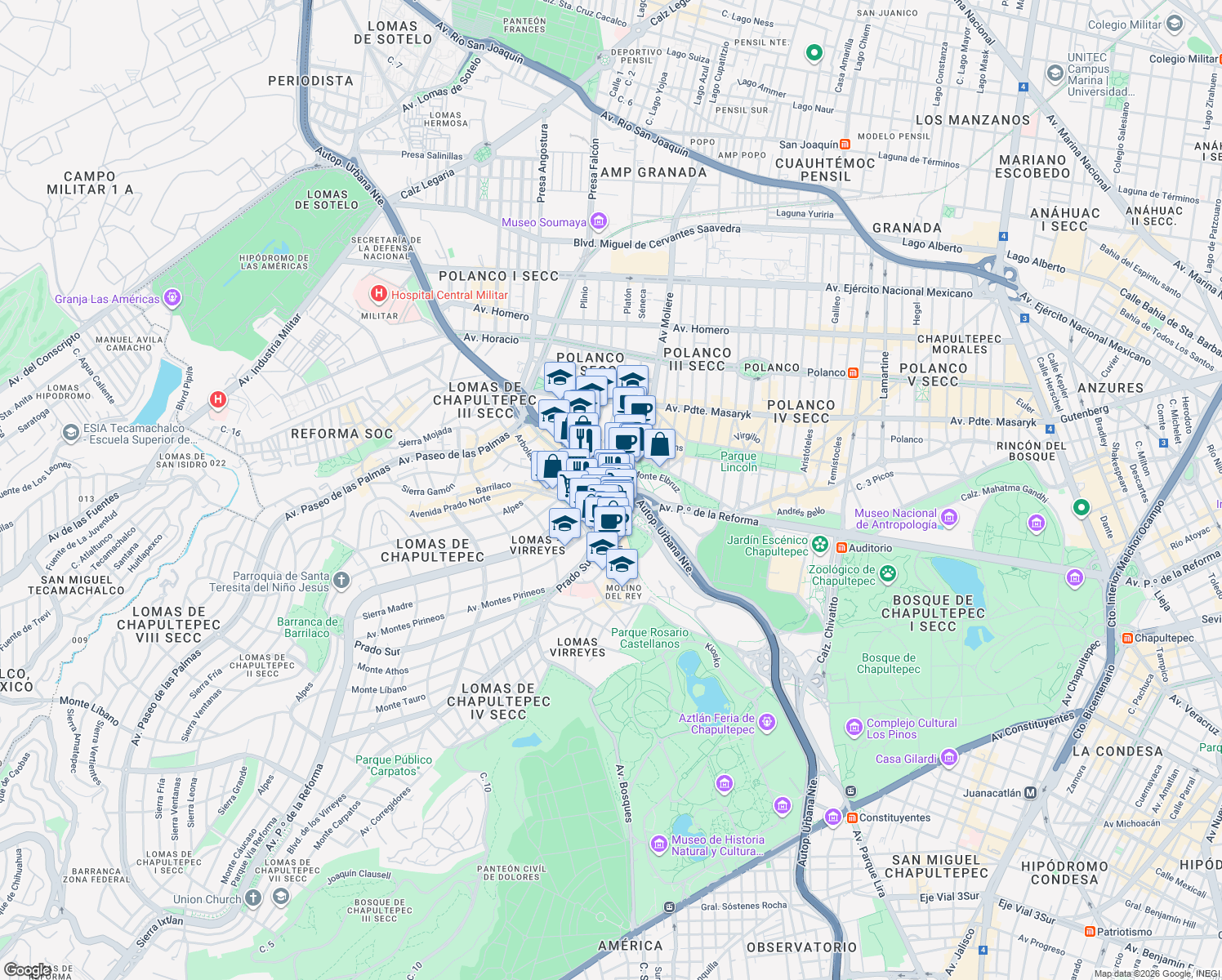 map of restaurants, bars, coffee shops, grocery stores, and more near 115 Avenida Paseo de la Reforma in Ciudad de México