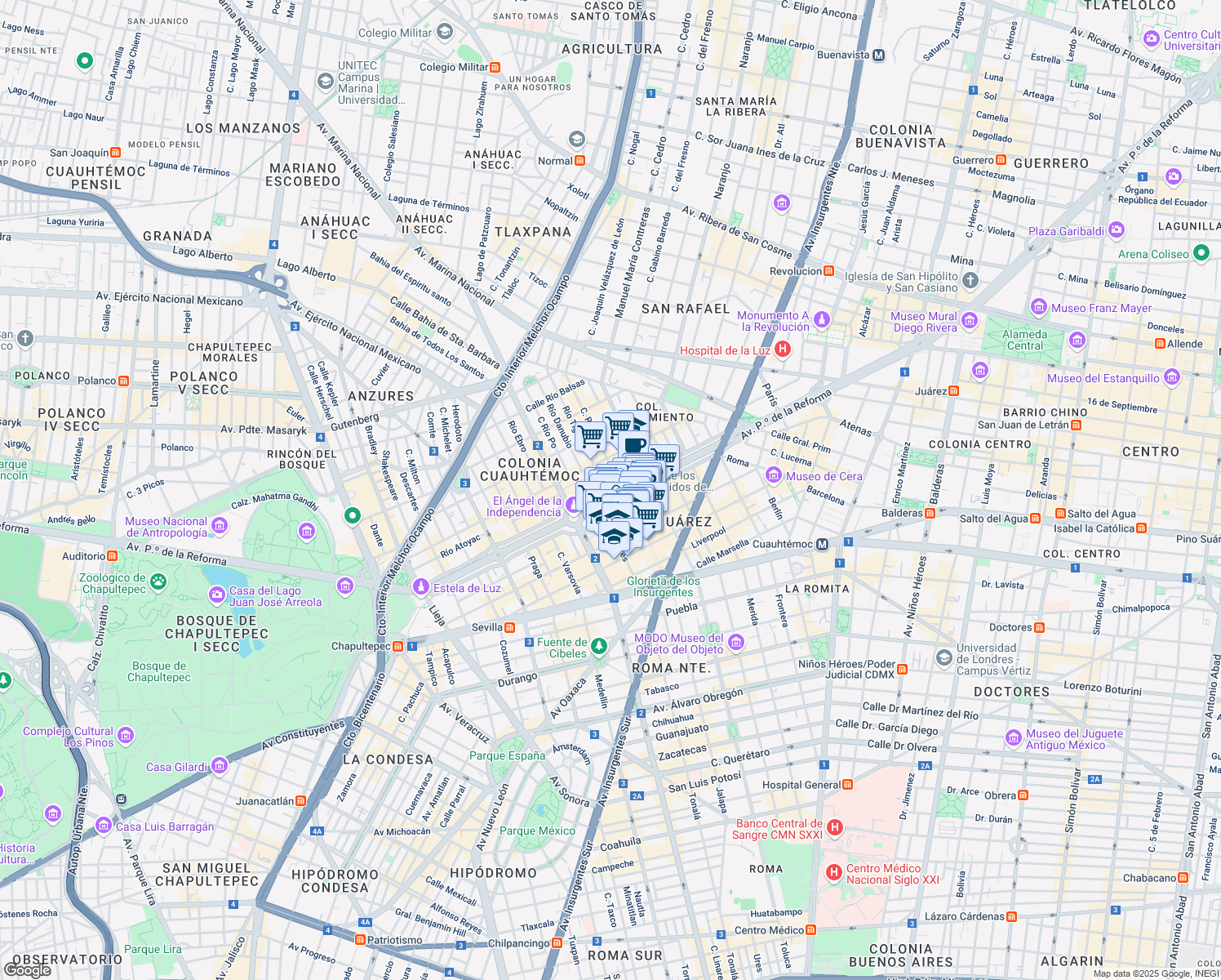 map of restaurants, bars, coffee shops, grocery stores, and more near 297 Avenida Paseo de la Reforma in Ciudad de México