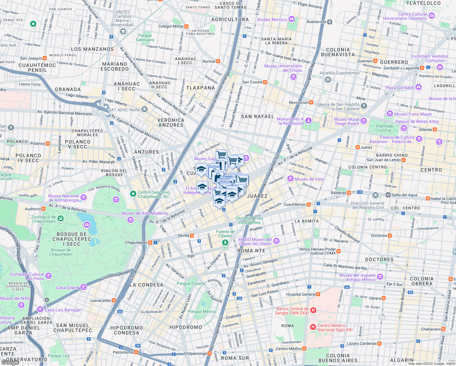 map of restaurants, bars, coffee shops, grocery stores, and more near 297 Avenida Paseo de la Reforma in Ciudad de México