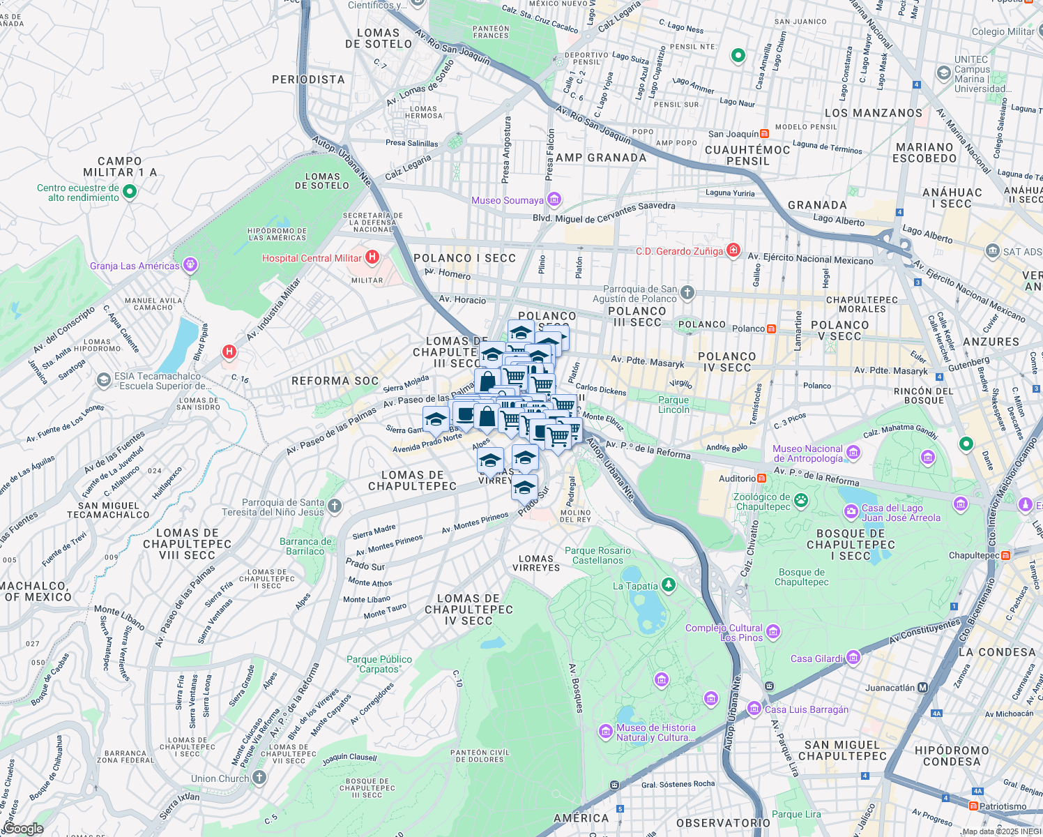 map of restaurants, bars, coffee shops, grocery stores, and more near 445 Calle Montes Urales in Ciudad de México