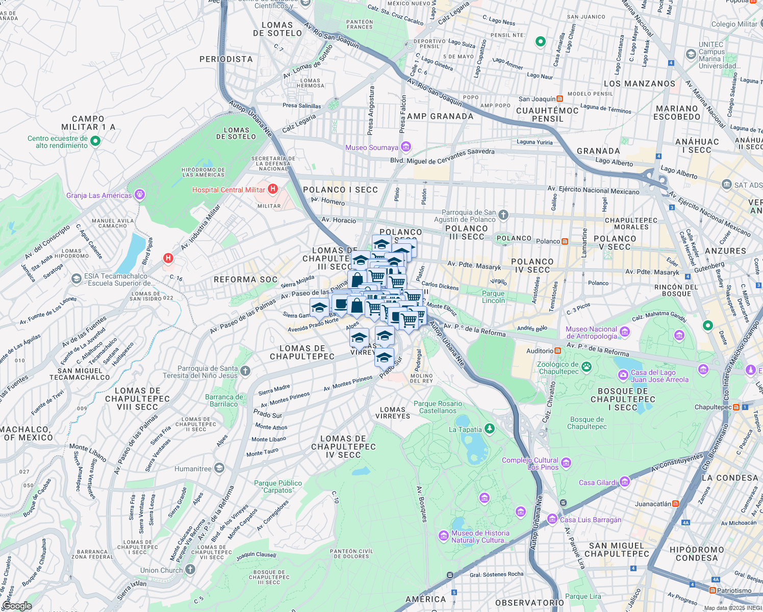 map of restaurants, bars, coffee shops, grocery stores, and more near 445 Calle Montes Urales in Ciudad de México