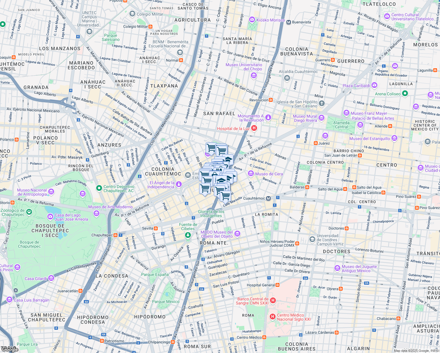 map of restaurants, bars, coffee shops, grocery stores, and more near 222 Paseo de la Reforma in Ciudad de México