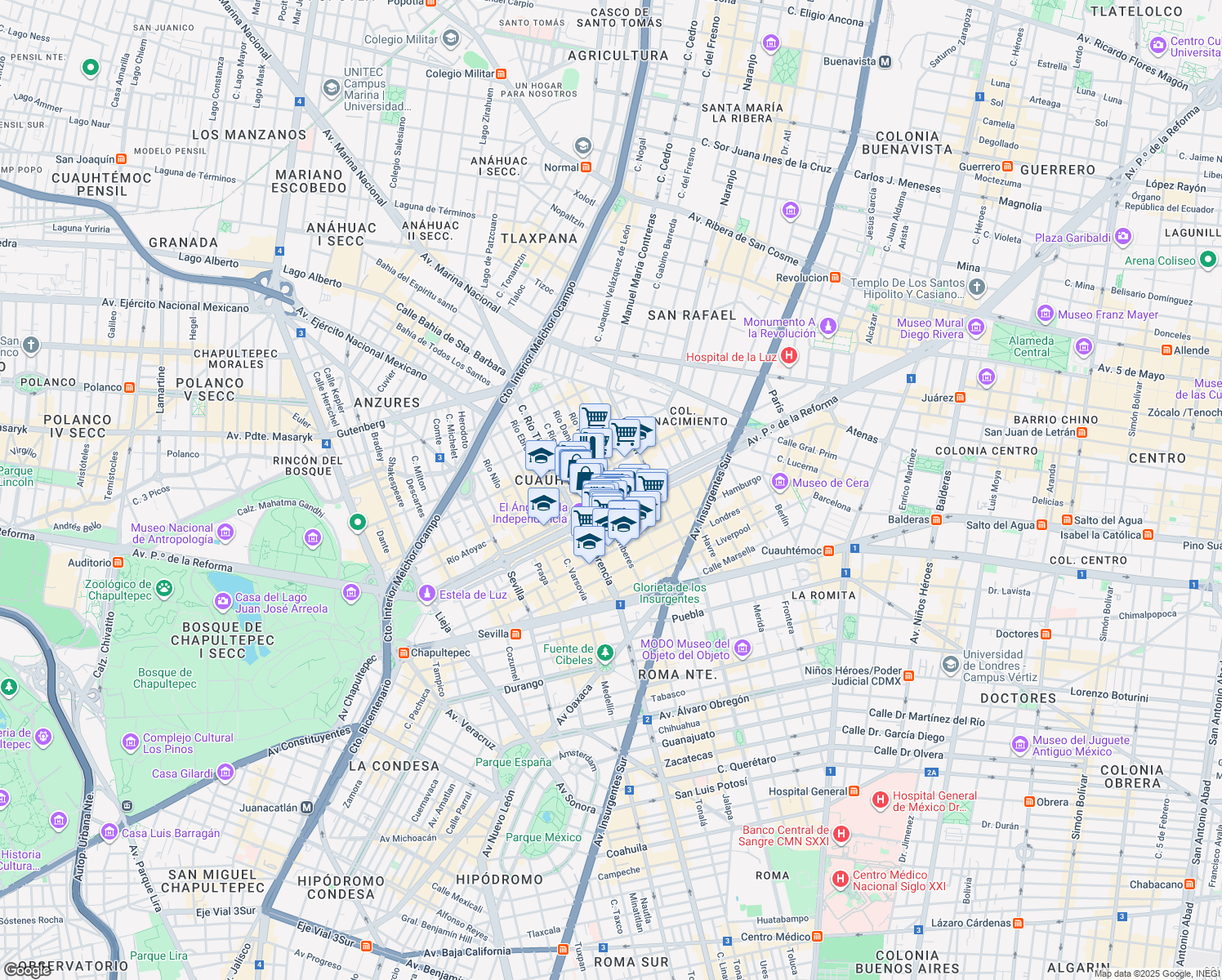 map of restaurants, bars, coffee shops, grocery stores, and more near 297 Avenida Paseo de la Reforma in Ciudad de México