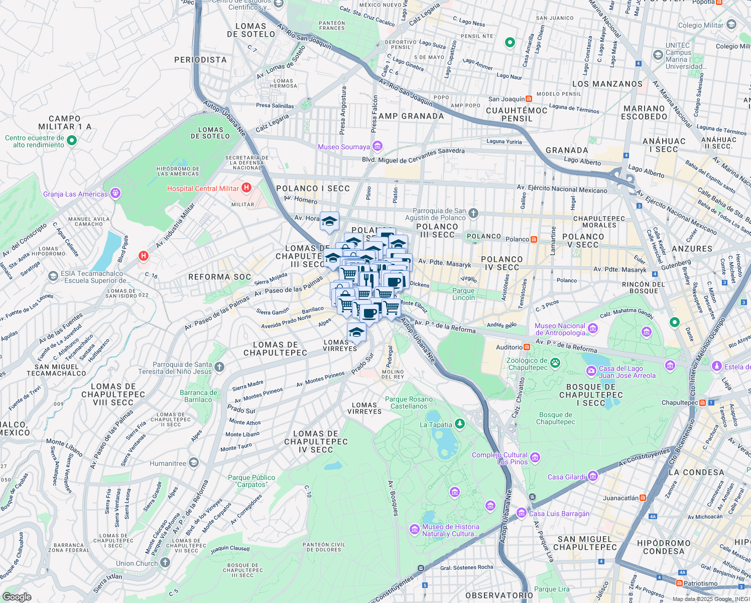 map of restaurants, bars, coffee shops, grocery stores, and more near 20 Avenida F. C. de Cuernavaca in Ciudad de México