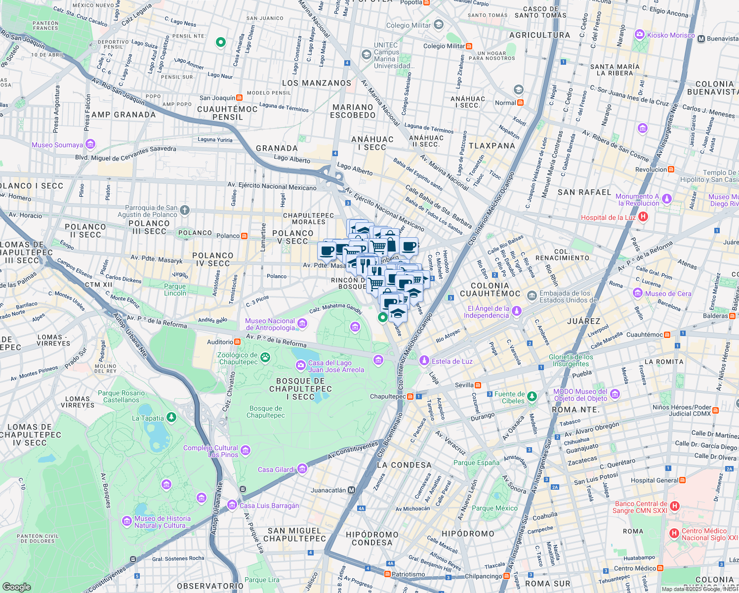 map of restaurants, bars, coffee shops, grocery stores, and more near 595 Calzada General Mariano Escobedo in Ciudad de México