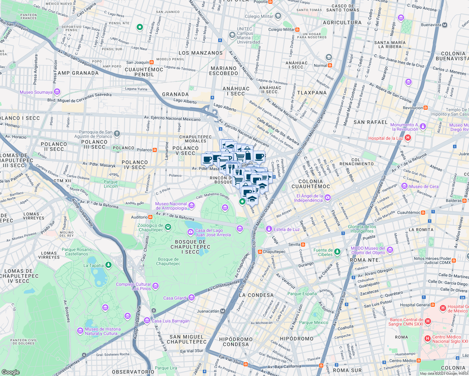 map of restaurants, bars, coffee shops, grocery stores, and more near 595 Calzada General Mariano Escobedo in Ciudad de México