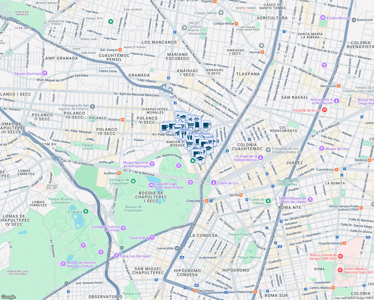 map of restaurants, bars, coffee shops, grocery stores, and more near 595 Calzada General Mariano Escobedo in Ciudad de México