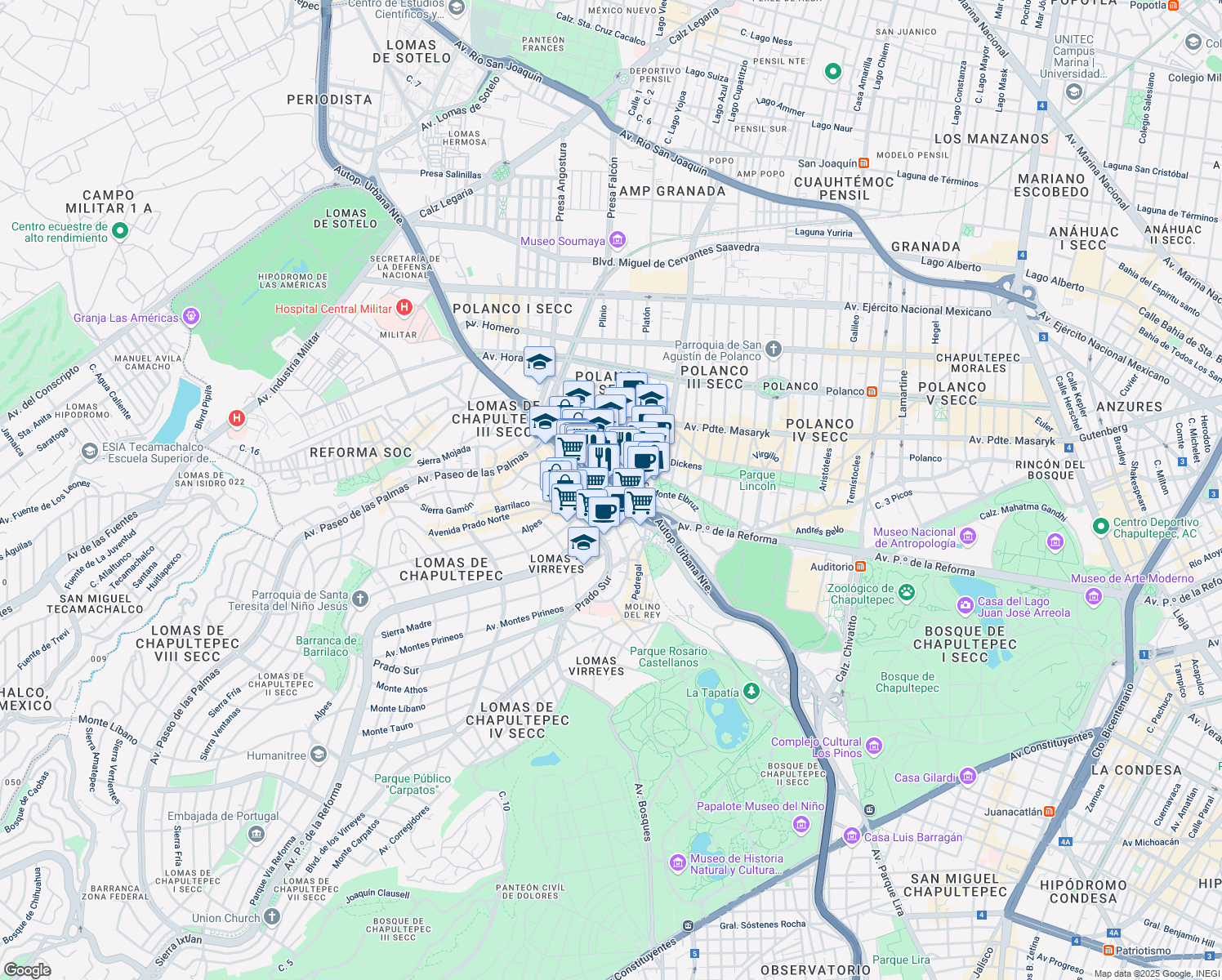map of restaurants, bars, coffee shops, grocery stores, and more near 20 Avenida F. C. de Cuernavaca in Ciudad de México