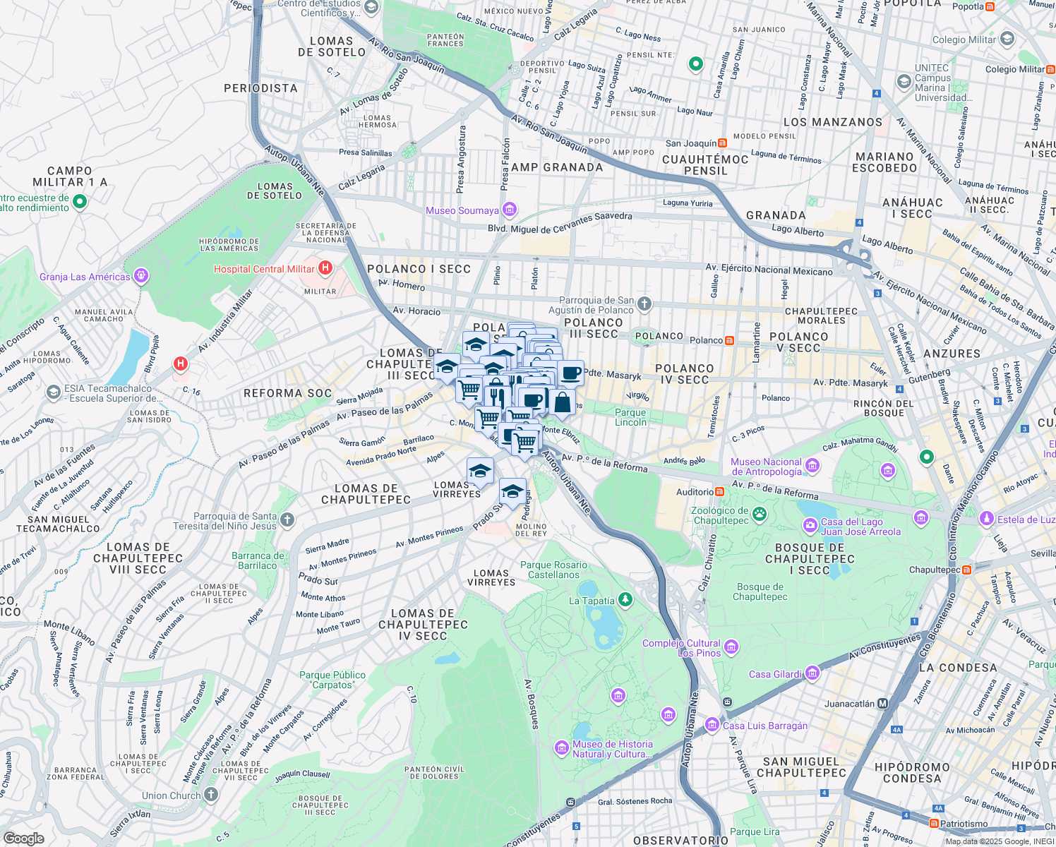 map of restaurants, bars, coffee shops, grocery stores, and more near 1 Periférico Boulevard Manuel Ávila Camacho in Ciudad de México