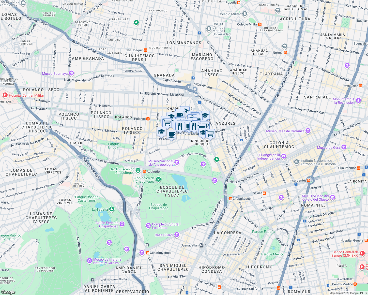 map of restaurants, bars, coffee shops, grocery stores, and more near 115 Rubén Darío in Ciudad de México