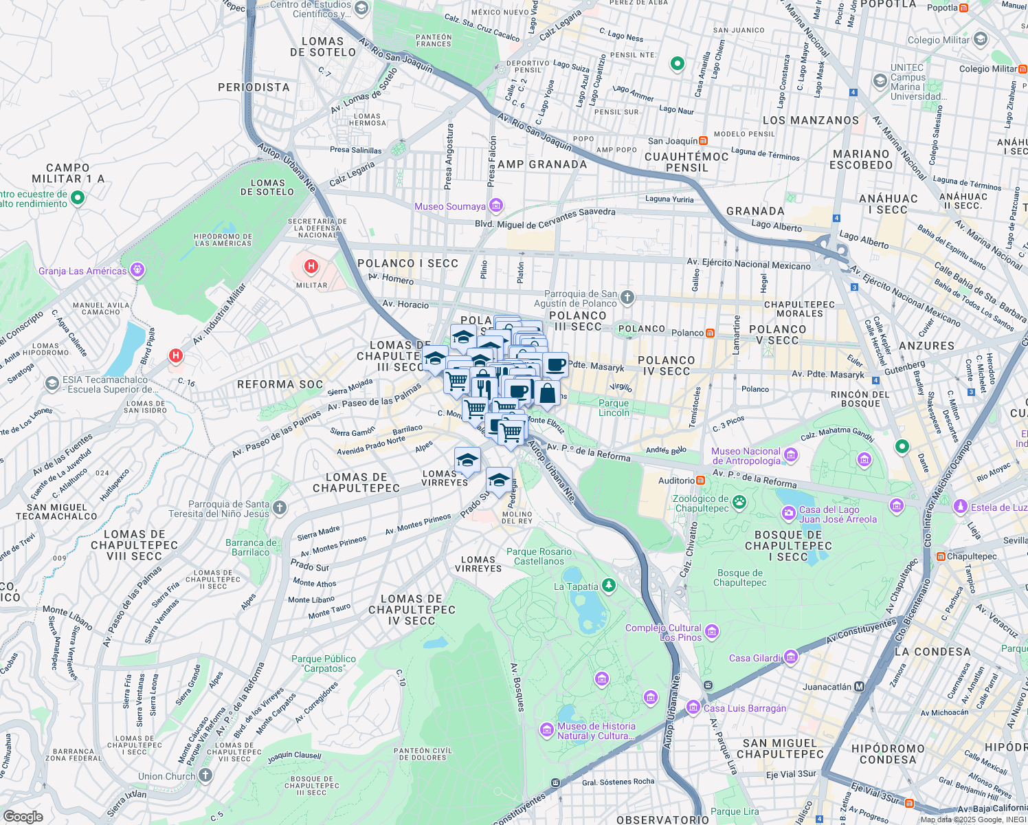 map of restaurants, bars, coffee shops, grocery stores, and more near 1 Periférico Boulevard Manuel Ávila Camacho in Ciudad de México