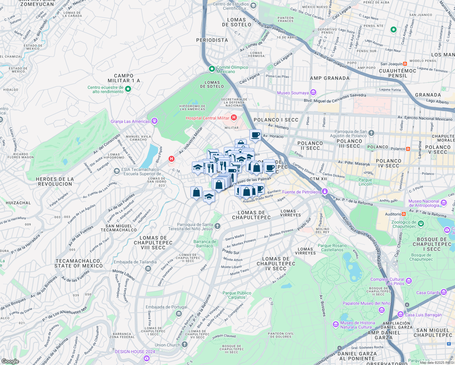 map of restaurants, bars, coffee shops, grocery stores, and more near 781 Avenida Paseo de las Palmas in Ciudad de México