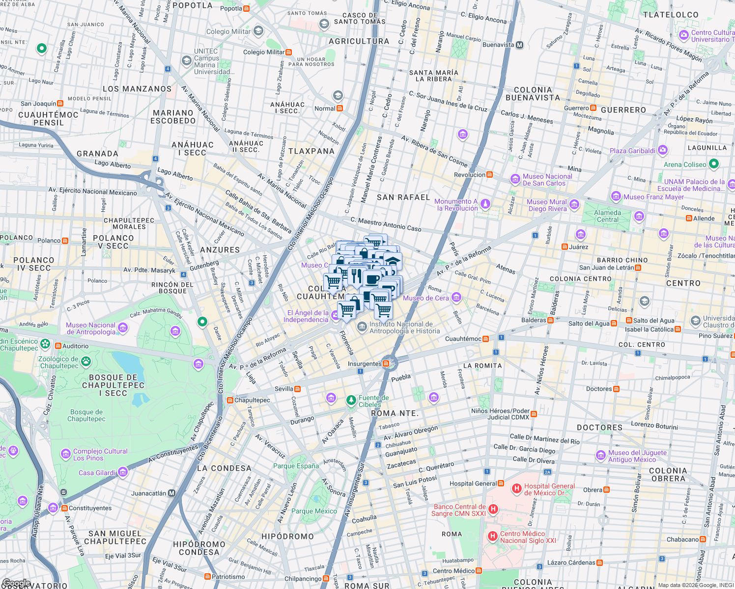 map of restaurants, bars, coffee shops, grocery stores, and more near 265 Avenida Paseo de la Reforma in Ciudad de México