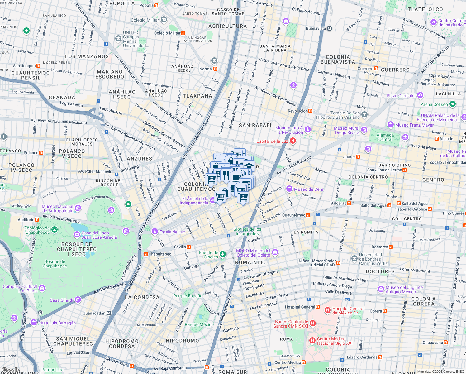 map of restaurants, bars, coffee shops, grocery stores, and more near 265 Avenida Paseo de la Reforma in Ciudad de México