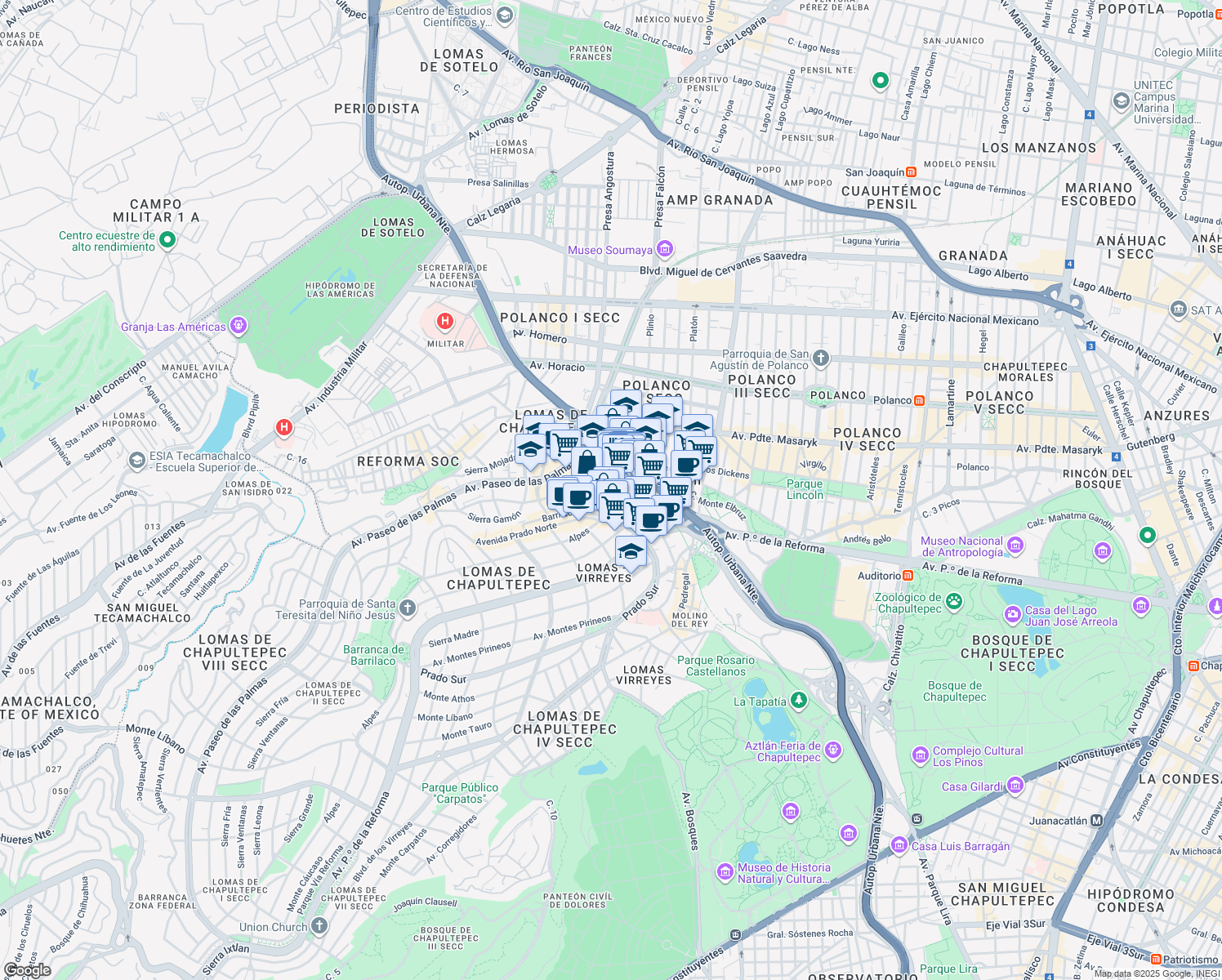 map of restaurants, bars, coffee shops, grocery stores, and more near 150 Volcán in Ciudad de México