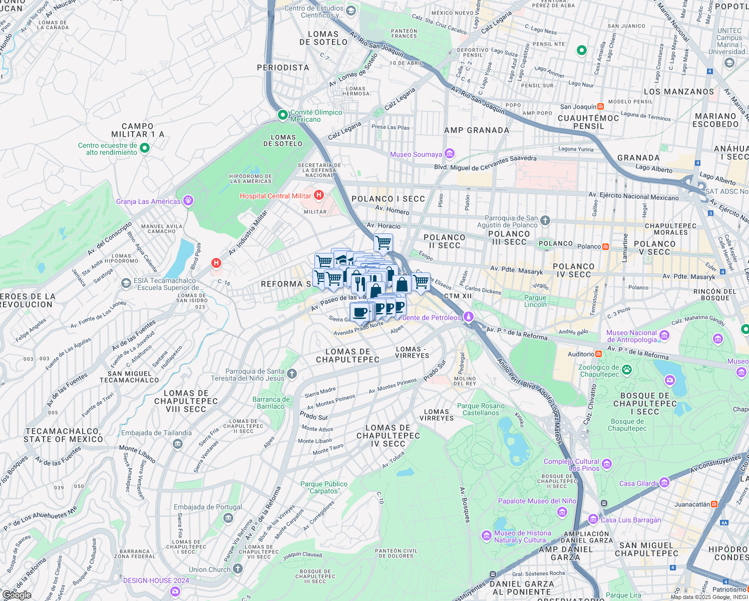 map of restaurants, bars, coffee shops, grocery stores, and more near 340 Avenida Paseo de las Palmas in Ciudad de México