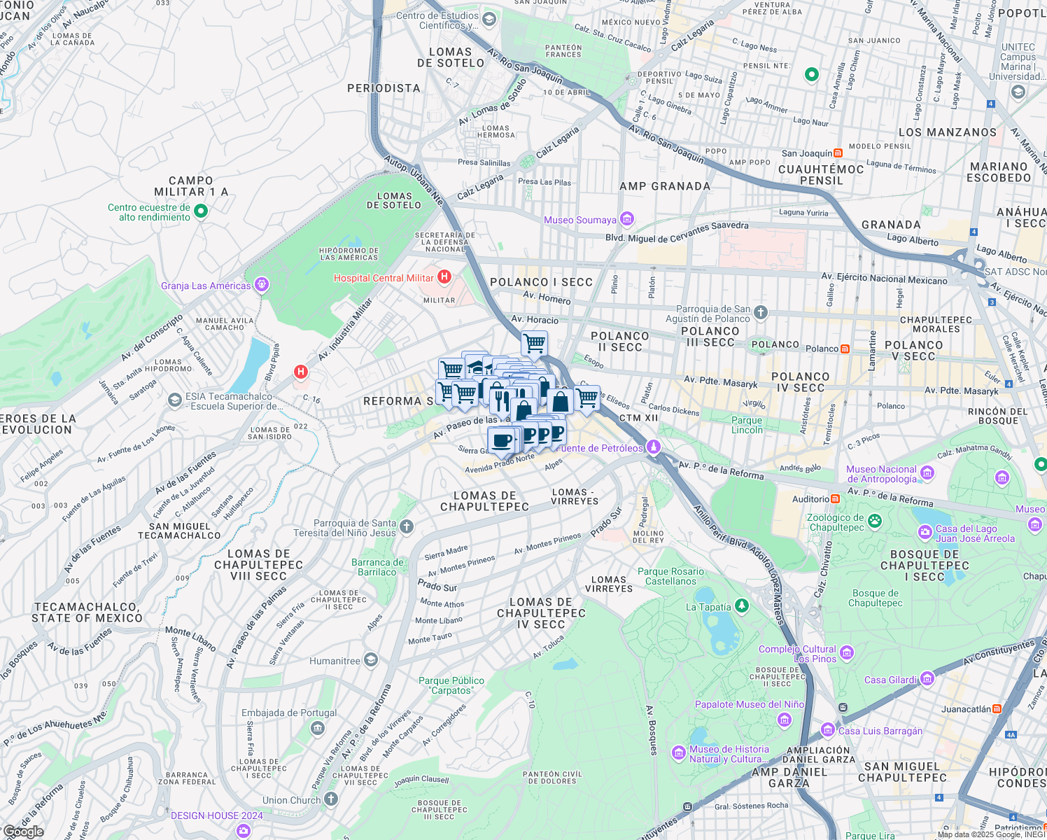 map of restaurants, bars, coffee shops, grocery stores, and more near 340 Avenida Paseo de las Palmas in Ciudad de México