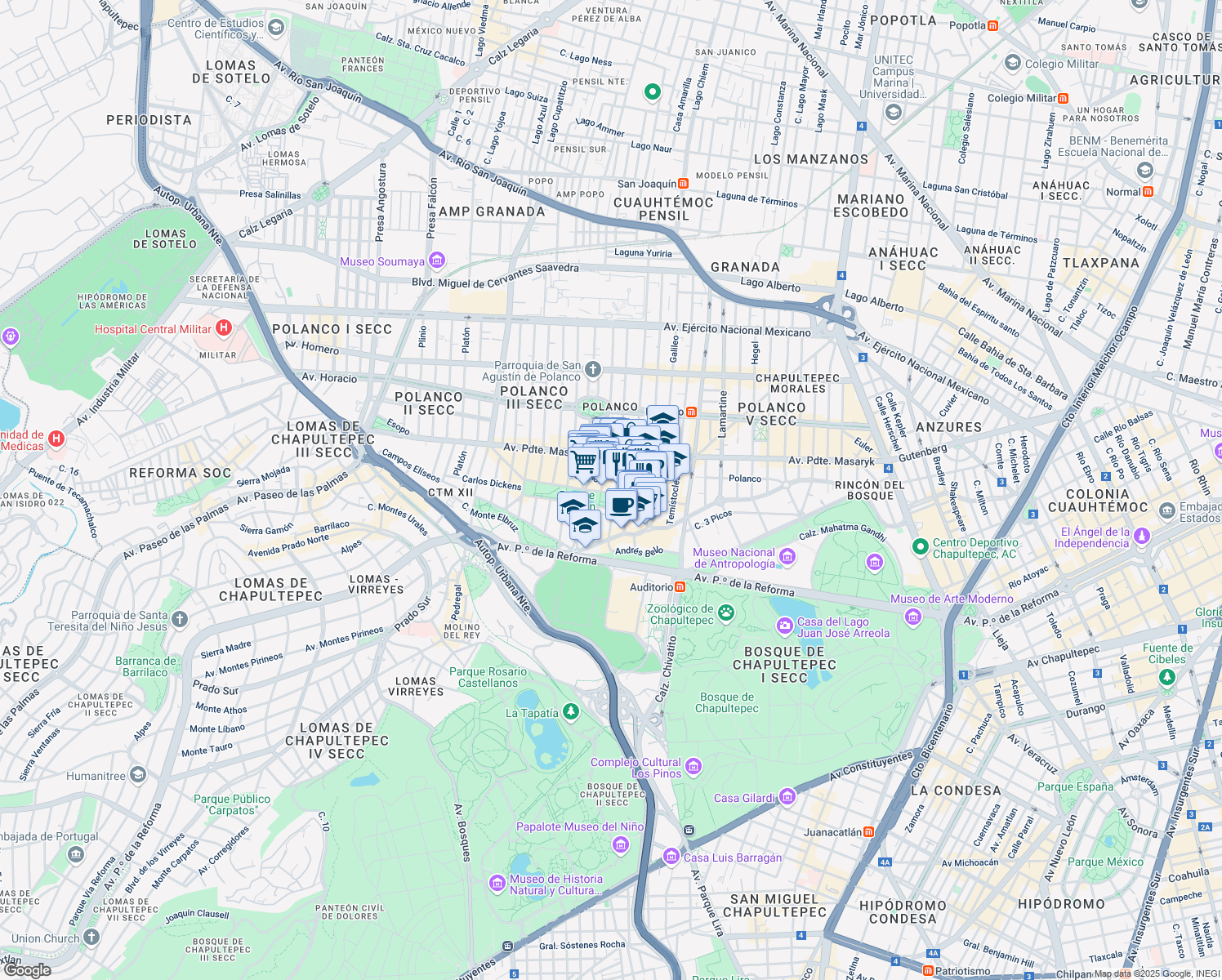 map of restaurants, bars, coffee shops, grocery stores, and more near 75 Avenida Emilio Castelar in Ciudad de México